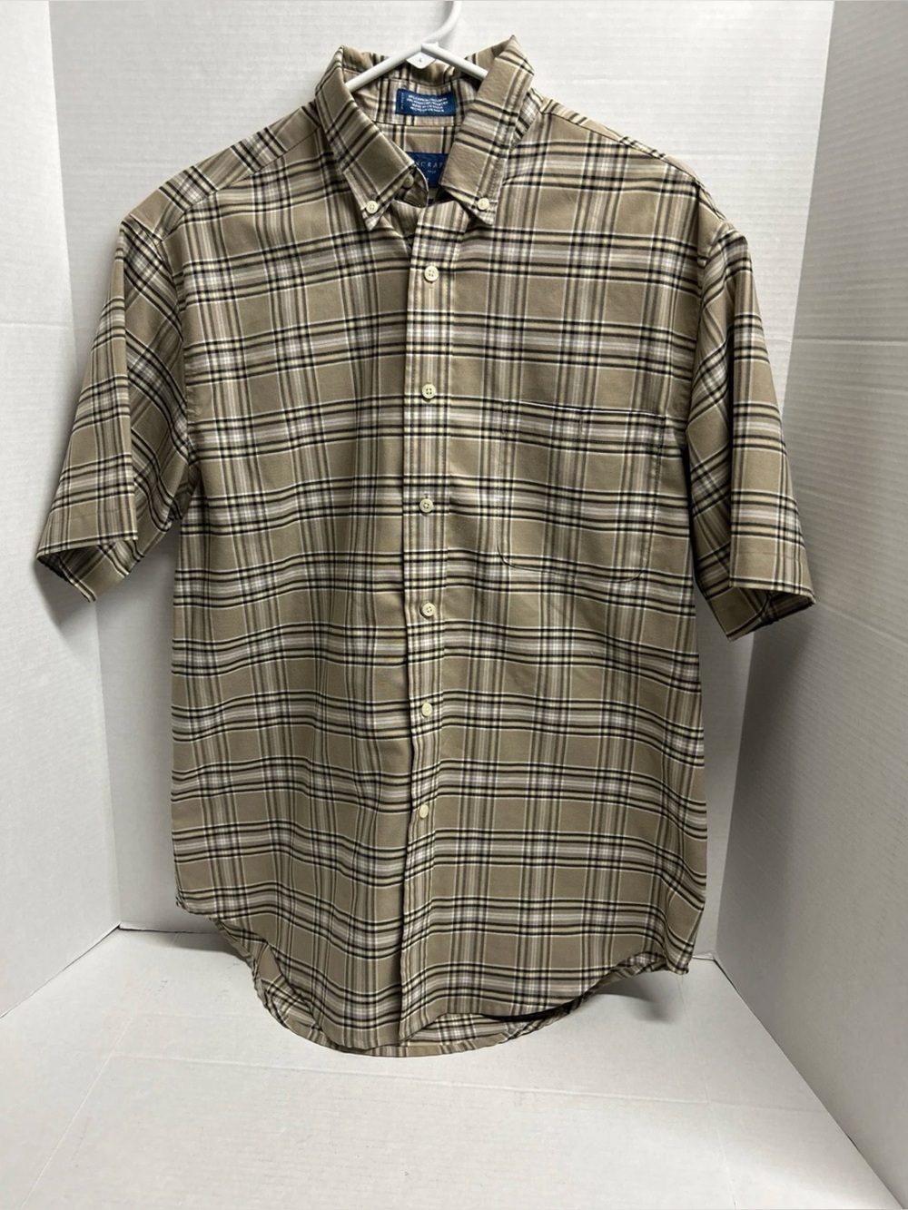 Towncraft Short Sleeve Mens Medium Beige Plaid Vintage Button Down Wrinkle Free